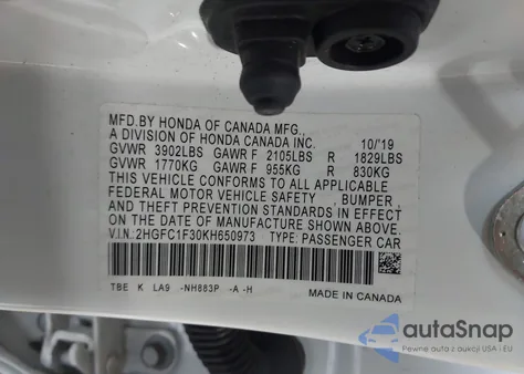 2019 Honda Civic Ex из США, поврежденный, VIN 2HGFC1F30KH650973